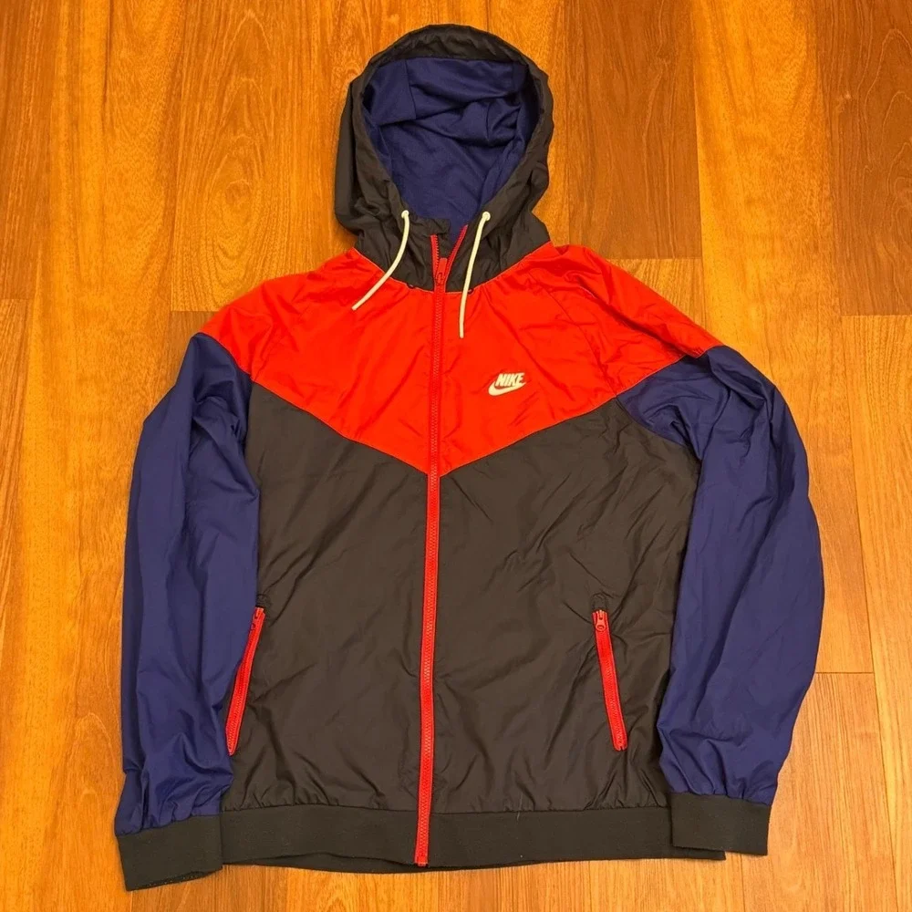 Nike Windbreaker Blue & Red Full ZIp Hooded Jacket Men's Size Large